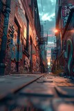 A narrow urban alleyway at dusk, adorned with colorful graffiti on brick walls, reflecting the gritty city street culture.
