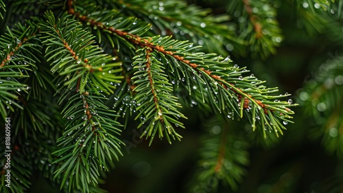 A detailed close-up of an evergreen tree branch, adorned with fresh raindrops, showcasing the lush green needles and natural beauty.  © NEW