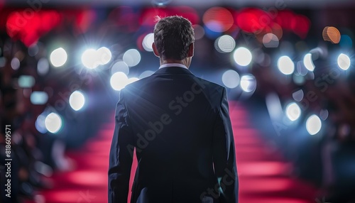 A man in a suit walks down the red carpet at a glamorous event, with photographers and bright lights capturing the moment. 