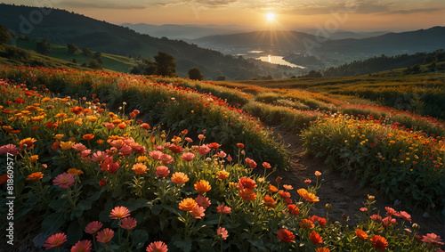 This image shows a field of orange flowers in front of a hill. The sun is setting behind the hill  casting a warm glow over the scene.  