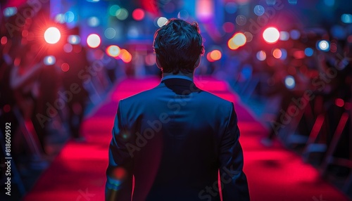 A celebrity walking down the red carpet, viewed from behind, with flashing cameras and fans in the background,