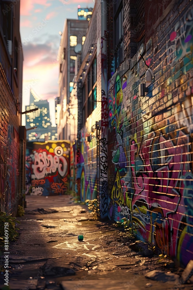 A brightly lit urban alleyway covered in colorful graffiti art on brick walls, showcasing the vibrant street art culture.
A brightly lit urban alleyway covered in colorful graffiti art on brick walls, showcasing the vibrant street art culture.