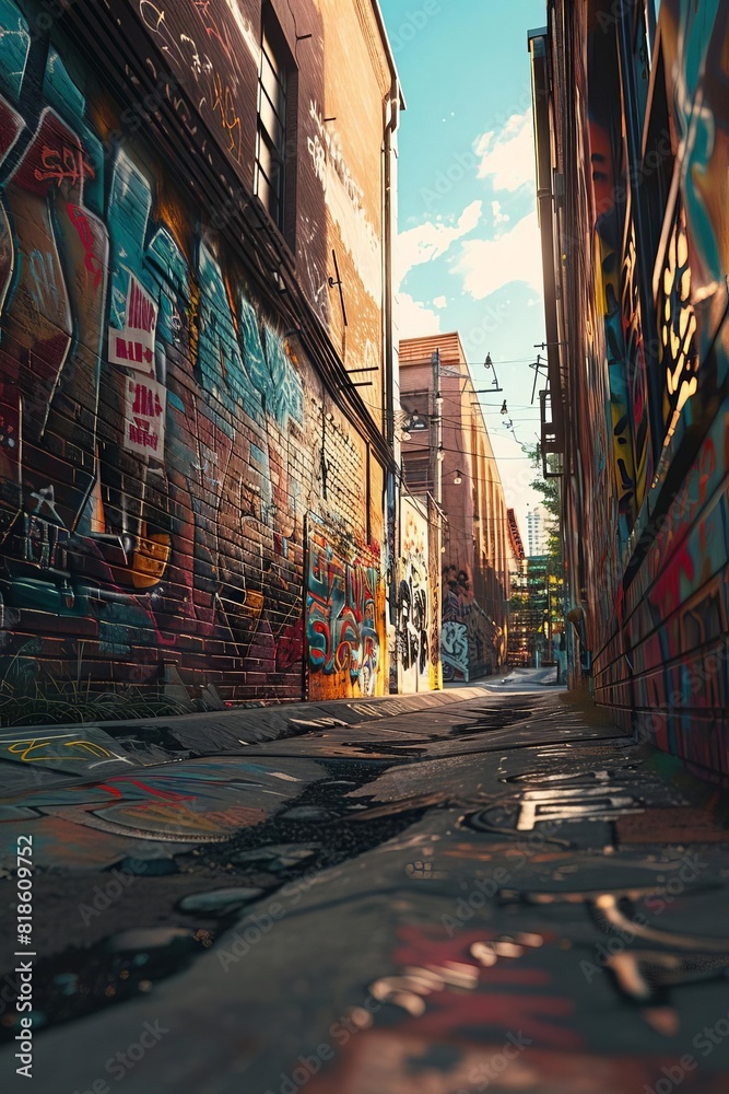 Fototapeta premium Side view of a gritty urban alley
