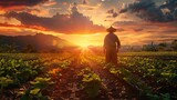 Frontal view of a traditional farmer tending to crops under a vibrant sunset