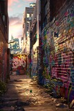 A brightly lit urban alleyway covered in colorful graffiti art on brick walls, showcasing the vibrant street art culture.
