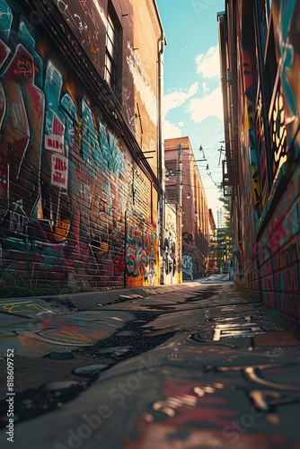Side view of a gritty urban alley