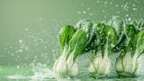  3D render of Bok choy being washed with water spraying,longest shot on solid colour background