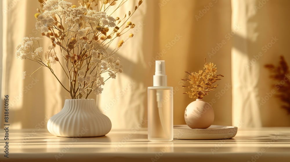 A vase of flowers sits on a table next to a bottle of perfume A vase of flowers sits on a table next to a bottle of perfume