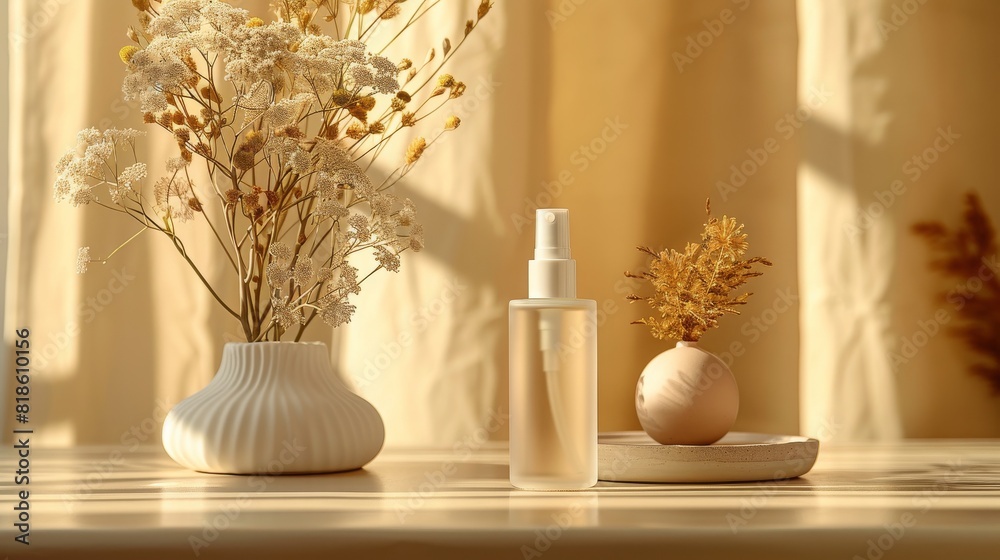 A vase of flowers sits on a table next to a bottle of perfume