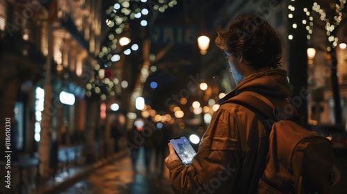 man is looking at his phone while walking down a busy street at night.