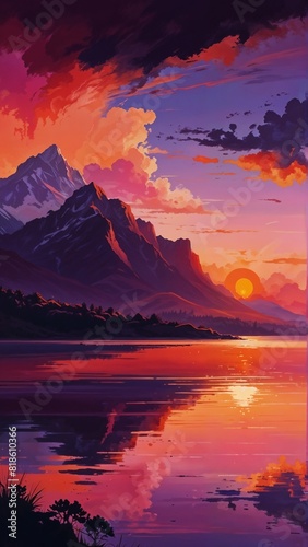 A vibrant sunset over a mountainous landscape