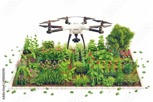 Using drones and farm technology for efficient pesticide spraying in precision agriculture and sustainable farming with lush green crop fields using environmental technology.