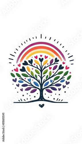Growing Together: Minimalistic Rainbow Tree with Heart Leaves on White Background
