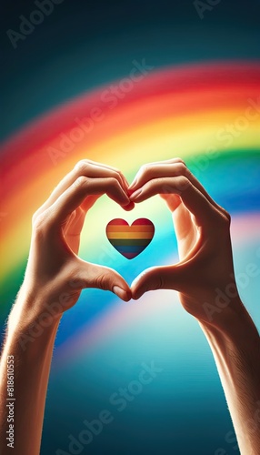  Hands Forming Heart Shape with Rainbow Background  Love is Love 