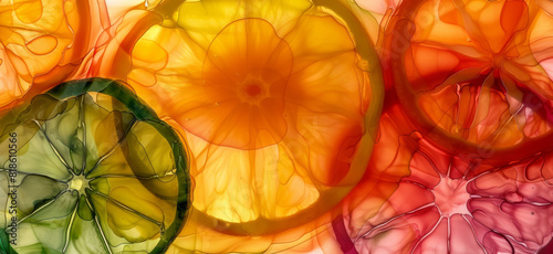 Lemon slices illuminated with orange light.