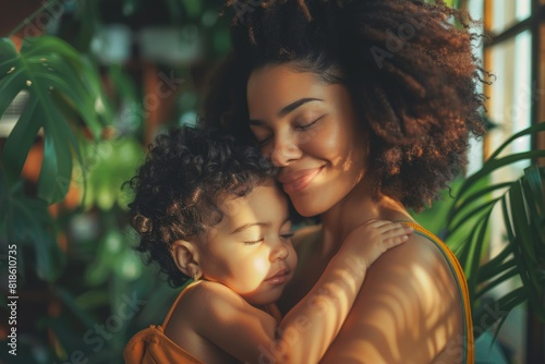 Tender moment of a mother hugging her sleeping child, both smiling with eyes closed © Natalia