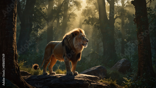 This image shows a lion standing on a rock in the middle of a forest. The lion is looking to the right of the image, and the sun is shining through the trees behind it.