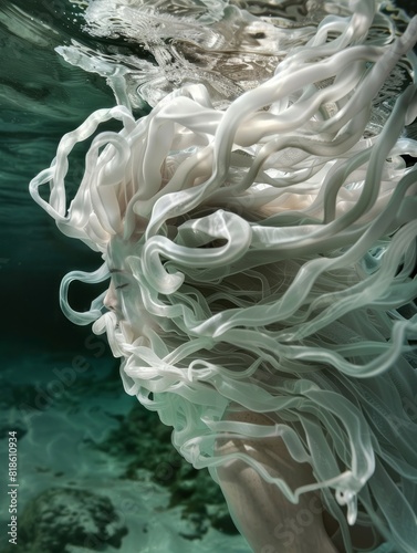Medusa blanca nadando en el mediterrÃ¡neo, preciosa medusa transparente aislada en el ocÃ©ano. photo