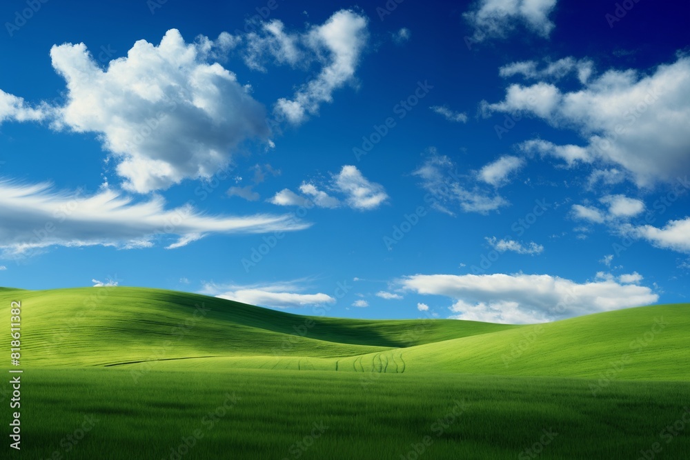 A beautiful summer or spring landscape with green grass on the hills and green fields. The blue sky is filled with white clouds and bright sunlight. Nature as a background. A beautiful summer or spring landscape with green grass on the hills and green fields. The blue sky is filled with white clouds and bright sunlight. Nature as a background.