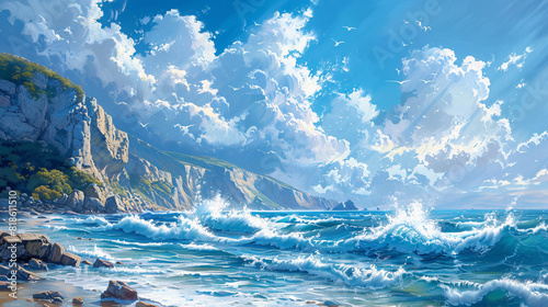 A coastal landscape oil painting on canvas  depicting waves crashing against rocky cliffs under a bright blue sky