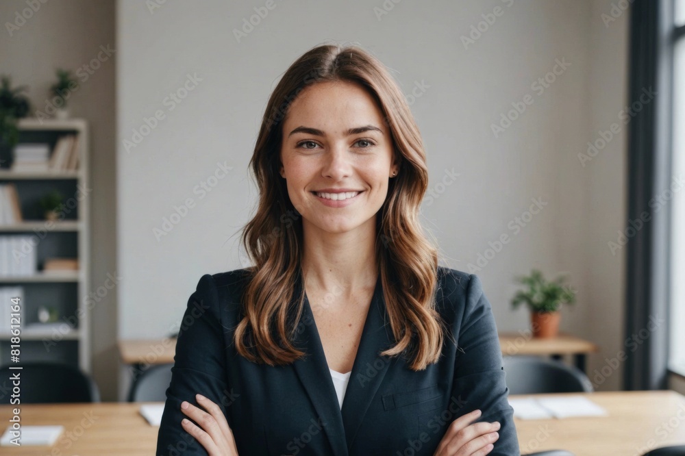 Portrait of young smiling woman looking at camera with crossed arms, Successful businesswoman standing in office, copy space. Portrait of young smiling woman looking at camera with crossed arms, Successful businesswoman standing in office, copy space.