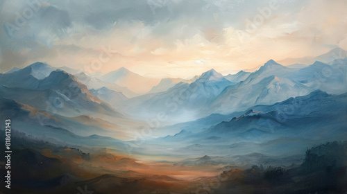 A dawn mountain range oil painting on canvas  with soft  pastel colors capturing the early morning light