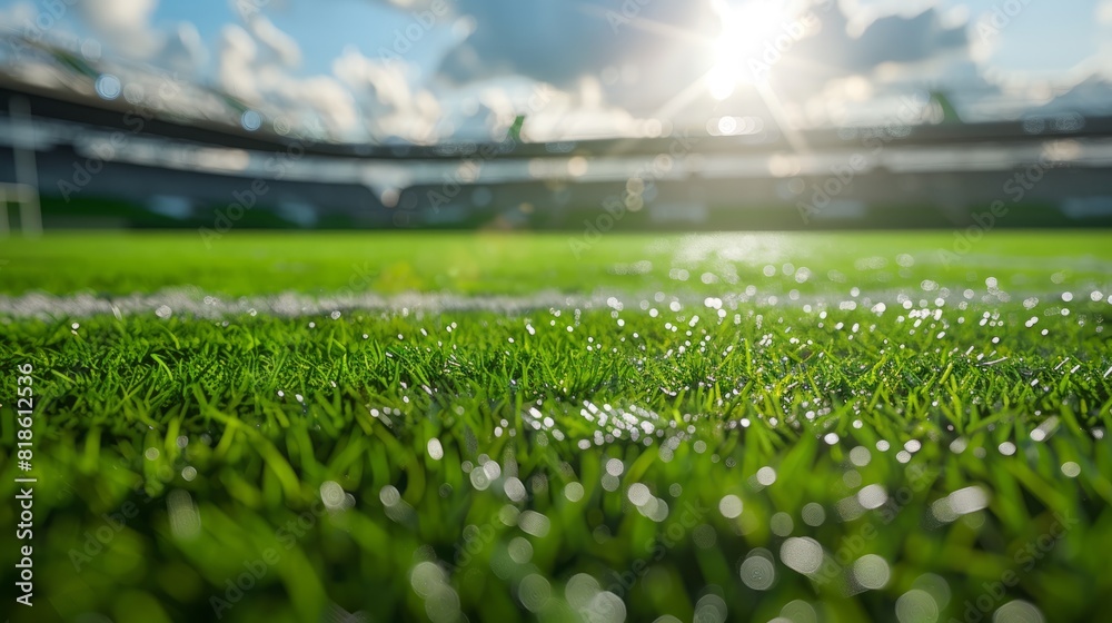 Vibrant and dynamic generative photo showcasing the lush green lawn of a bustling soccer stadium