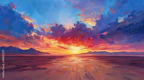 A desert sunset oil painting on canvas, with bold colors and striking shadows photo