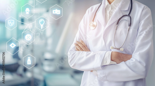 A doctor in a white coat is holding a glowing blue and white icon in the palm of their hand.

 photo