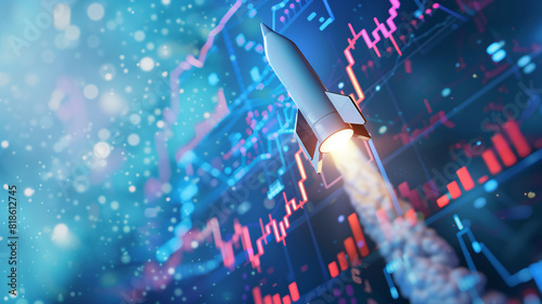 3D rocket soaring high with digital stock market graphs trailing behind, symbolizing rapid market growth, dynamic blue sky background photo