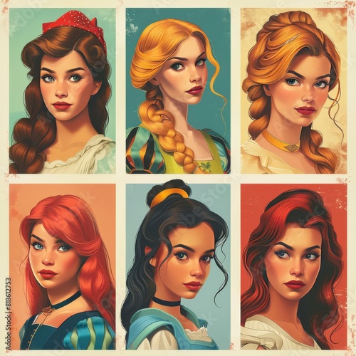 A collection of six vintage-style portraits of beautiful women with various hairstyles and hair colors photo
