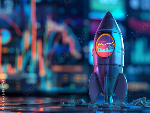 3Drendered rocket with a transparent body showing a bullish stock market graph inside, concept of internal growth drivers, twilight scene photo
