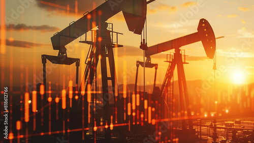 A highcontrast image of oil pumpjacks at sunset, with shadows that morph into bar graphs depicting market trends, ideal for visual metaphors in business media photo