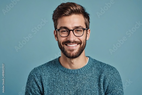 portrait ofYoung handsome man with beard wearing casual sweater and glasses over blue background happy face smiling with crossed arms looking at the camera