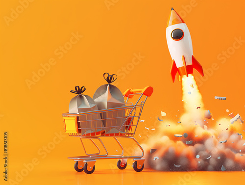 High contrast 3D illustration of a rocket blasting off from a shopping cart, bags secured, on a solid orange background