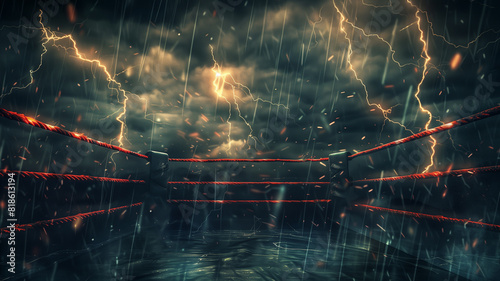 A dramatic scene of an empty boxing ring under a stormy sky, illuminated by flashes of lightning.  photo