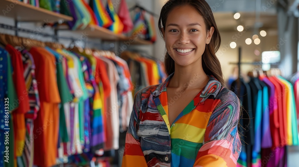 A fashion designer showcasing a Pride Month clothing line A fashion designer showcasing a Pride Month clothing line