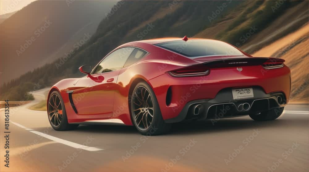 Car running on asphalt road, landscape view of big mountains and sunset sky in the background. The car is the main focus and it is a high-performance vehicle. Car running on asphalt road, landscape view of big mountains and sunset sky in the background. The car is the main focus and it is a high-performance vehicle.