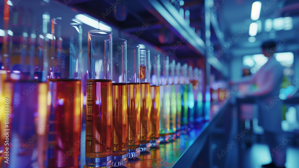 Pharmaceutical testing lab with rows of brightly lit test tubes, technicians in background, focus on colorful liquids, Photorealistic Style.