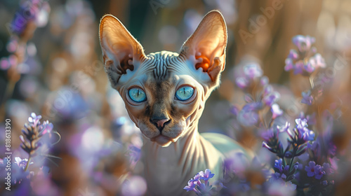 Portrait of cute hairless Sphynx cat with flowers on background.