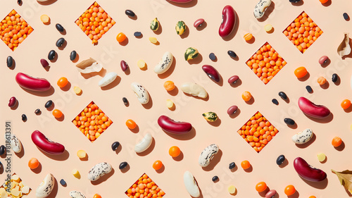 Photo collage of a variety of beans and legumes in geometric patterns, on a solid beige background, proteinrich diet photo