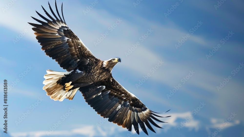 Obraz premium A majestic eagle soaring high in the clear blue sky, with its wings fully spread and sharp eyes focused below