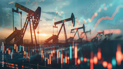 Serene sunrise over oil pumpjacks with a soft overlay of bullish stock market charts, optimistically portraying rising energy stocks