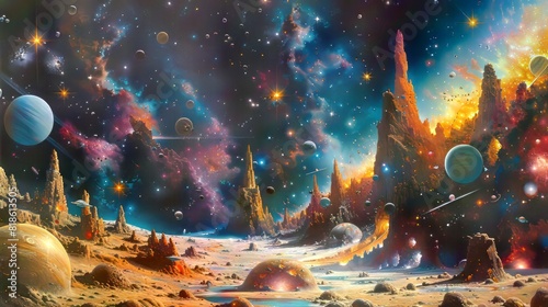Stunning fantasy space landscape with surreal planets, vibrant nebulae, and rocky terrain, capturing the wonder of the cosmos.