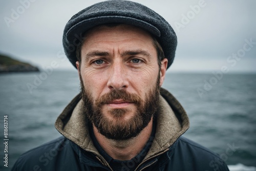 Portrait of a northern european man with a beard in a hat at sea. photo