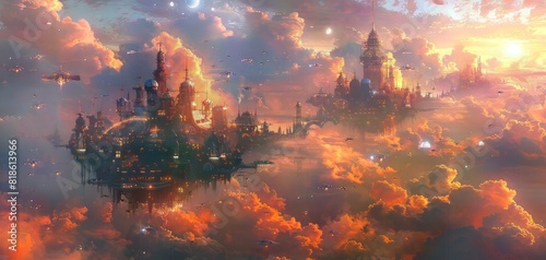 Majestic floating cities in a vibrant  colorful fantasy sky. Stunning clouds  towers  and ethereal architecture against a sunset backdrop.