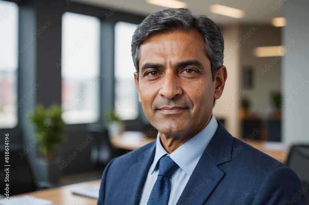 Headshot close up portrait of latin confident mature good looking indian middle age leader, blur office background Headshot close up portrait of latin confident mature good looking indian middle age leader, blur office background
