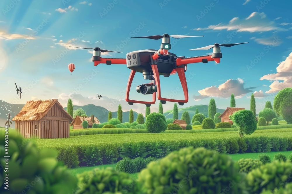 Fototapeta premium Using drones and farm technology for efficient pesticide spraying in precision agriculture and sustainable farming with lush green crop fields using environmental technology.