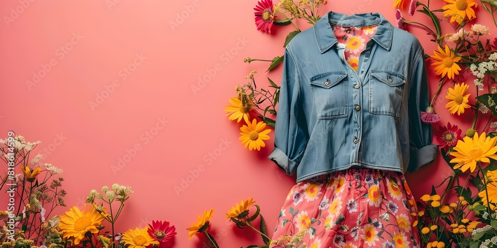 Fototapeta premium Vintage Retro Sewing and Customization Tutorials with Floral Dress and Denim Jacket