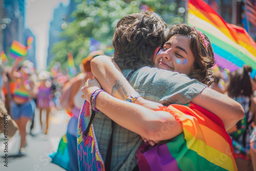 A touching scene of a parent embracing their LGBTQ+ child at a Pride parade